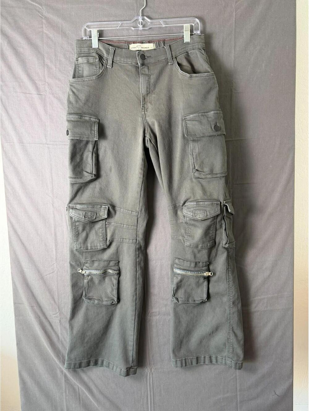 Love Trends Cargo Pants W Size 11 Green Gray Utility Multi Pocket Flare Stretch